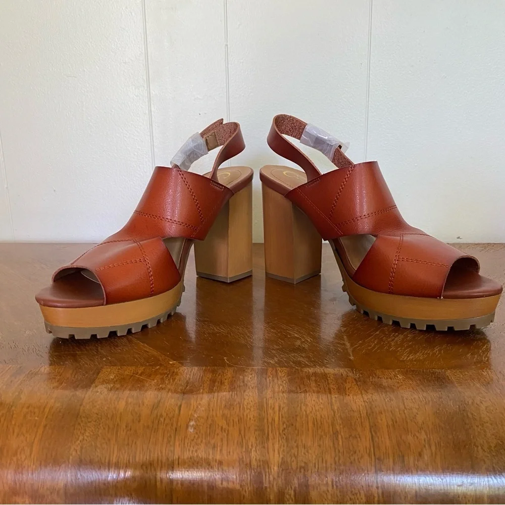 New Chunky Heel Sandel 9.5 Stacked Block Cognac Brown Strap Comfort Retro - Picture 2 of 11
